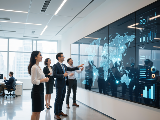 Group of diverse professionals in modern conference room with digital screens showing data charts and innovation concepts, bright natural lighting